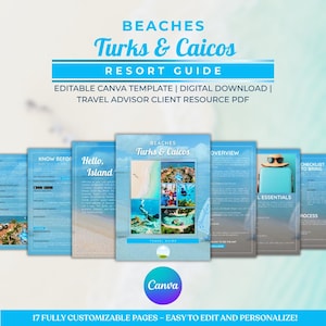 May include: A digital resort guide for Turks & Caicos beaches. The cover features a photo collage of the island. The guide is an editable Canva template with 17 customizable pages. Text includes "Beaches Turks & Caicos Resort Guide" and "Travel Guide".