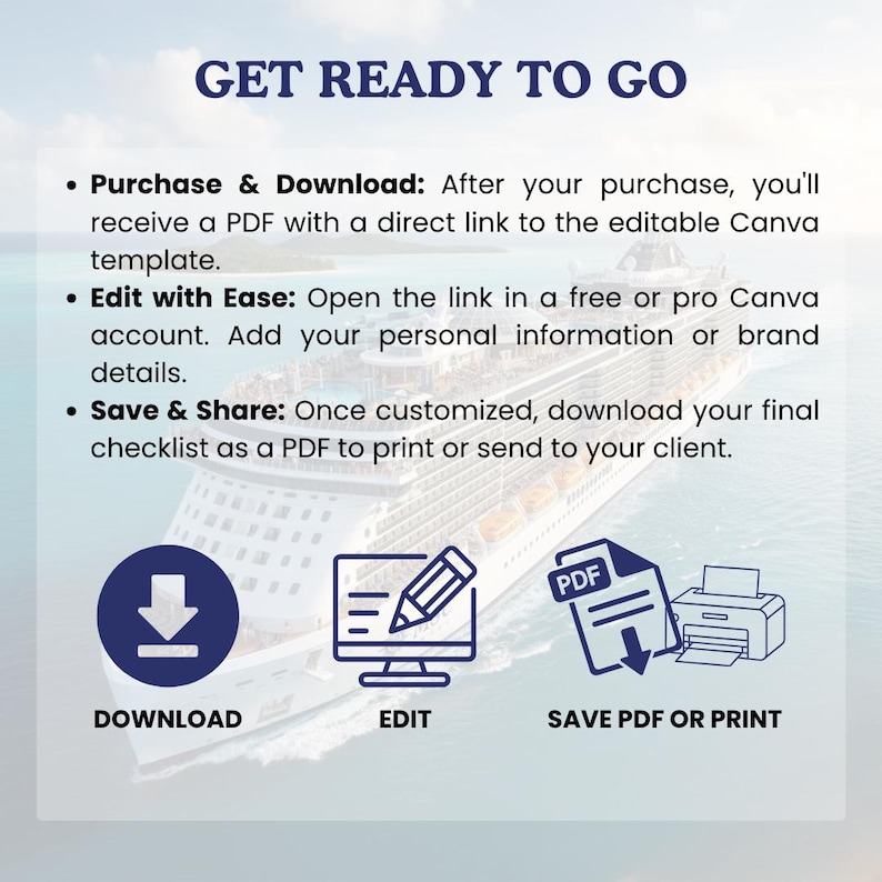 May include: Graphic with the text "GET READY TO GO" and instructions for downloading, editing, and saving a PDF template. Icons include a download arrow, a computer with a pencil, and a PDF document with a printer.
