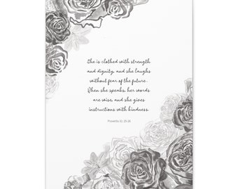 Proverbs 31: 25-26 | Bible Verse Canvas | Scripture | Christian Home Décor | She is clothed with strength and dignity