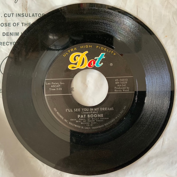 1961 45 RPM 7" Vinyl Record Pat Boone - I'll See You In My Dreams - Pictures in the Fire - Dot Records - 45-16312 - Rock and Roll Music