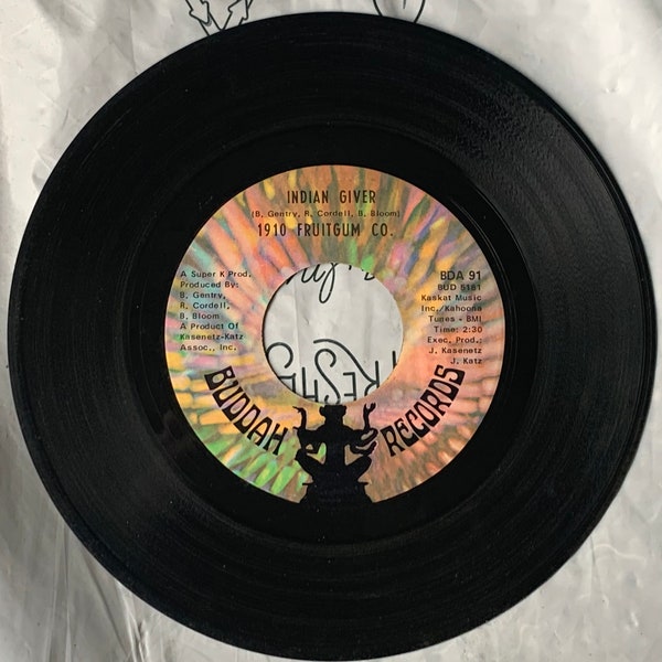1969 45 RPM 7" Vinyl 1910 Fruitgum Company - Indian Giver - Pow Wow - Buddah Records - BDA 91 - Rock Music - Pop Rock