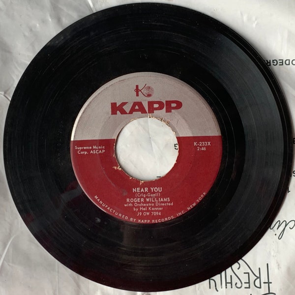 Vintage 1958 45 RPM 7" Vinyl Record Roger Williams - Near You - The Merry Widow Waltz - Kapp Records - K-233X - Jazz Music - Pop Music