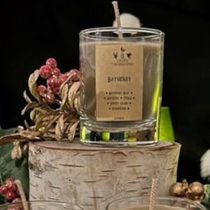 Puede incluir: Tres pequeños tarros de velas de vidrio con cera marrón y una etiqueta de papel que dice "Bayberry" sobre una superficie de madera de abedul. Las velas están rodeadas de trozos de papel decorativo dorado y marrón.