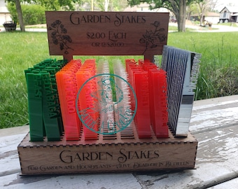 Display box for garden stakes.