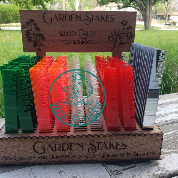 Display box for garden stakes.