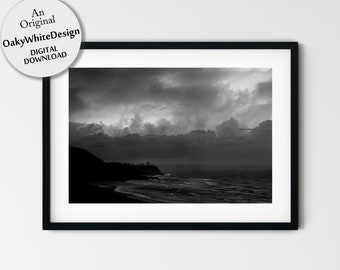 Coastal Fine Art Print,Instant Digital Download,Ocean Rain Storm,Printable Wall Art,Home Decor,Australia Beach,Black and White,Large Poster