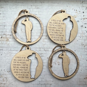 Two piece Christmas ornament, deployment, basic training, military Christmas ornament, one for soldier, one for family
