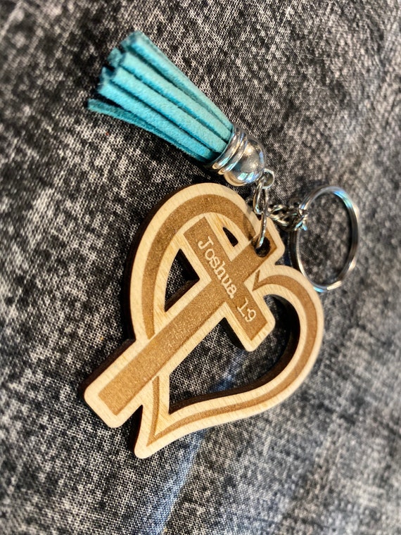 Bible Verse Cross Heart Wood Keychain, Laser Cut, Engraved, Tassel