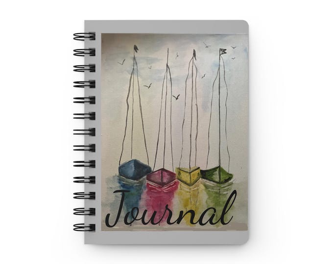 Bohemian Spiral Bound Journal with Nautical Boats Art, Travel Diary, Gift for Writers, Watercolor Artwork, Beach Lover's Notebook, [...]