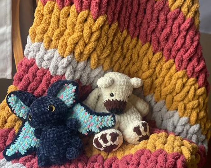 Chunky Crochet Velvet Blanket – Handcrafted Throw in Autumn Colors – Soft Cozy Textured Blanket – Fall Home Decor – Gift for Her