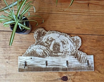 Happy Bear Sleeping - Porte-clés en bois fabriqué à la main - Décoration d'intérieur rustique