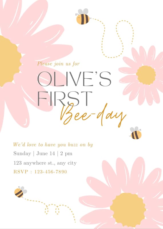 First Bee-day Invitation Template Customisable Digital download