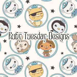 May include: A white background with a repeating pattern of cartoon characters in blue and white circles. The characters include a polar bear, a penguin, a monkey, a dog, and a cat. The text "Ruby Tuesday Designs" is in the centre of the image.