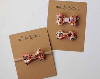 Floral Vegan Leather Baby Bow: Coral Poppy Hair Clip or Headband