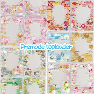 May include: A collection of twelve clear plastic toploaders decorated with various colorful stickers, including cartoon characters, food items, hearts, and stars. The text Premade toploader is centered in blue over the grid of card holders.