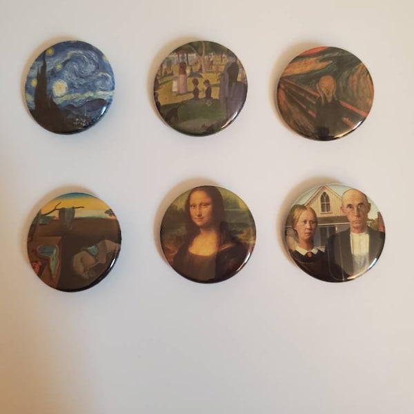 Famous Paintings Pinback Button Set, 1.25", Mona Lisa, Starry Night, The Scream, American Gothic, Persistence of Memory, Sunday on La Grande