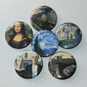 Famous Classical Paintings Pinback Button Set, 1.25" Starry Night, The Persistence, Mona Lisa American Gothic Sunday on La Grande The Scream