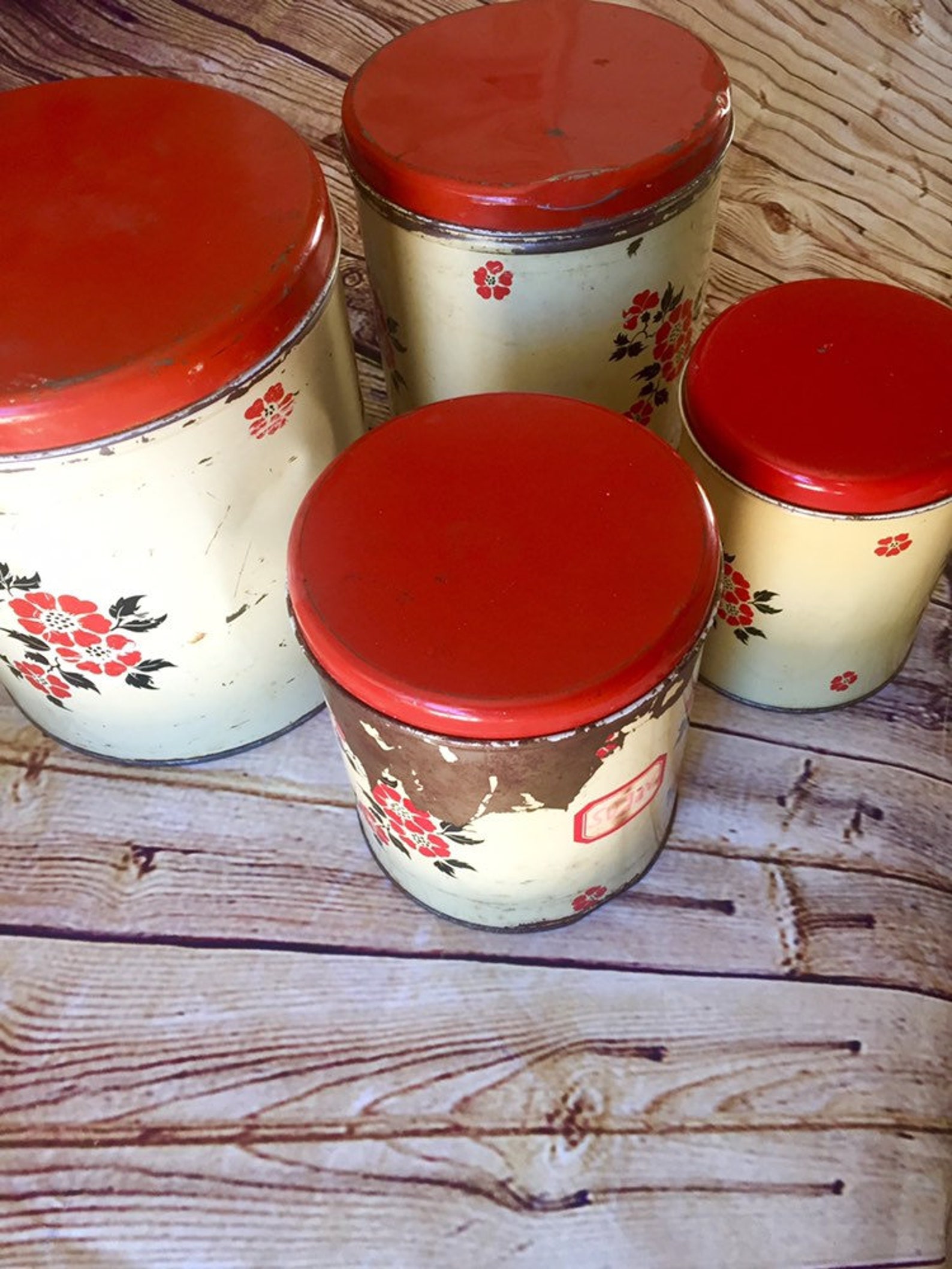 Cherry red vintage tin kitchen canister set/ vintage tins/ mid Etsy