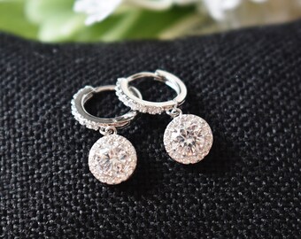 Green 925 Sterling Silver Dangle Earrings With Cubic Zirconia - Round Halo Drop