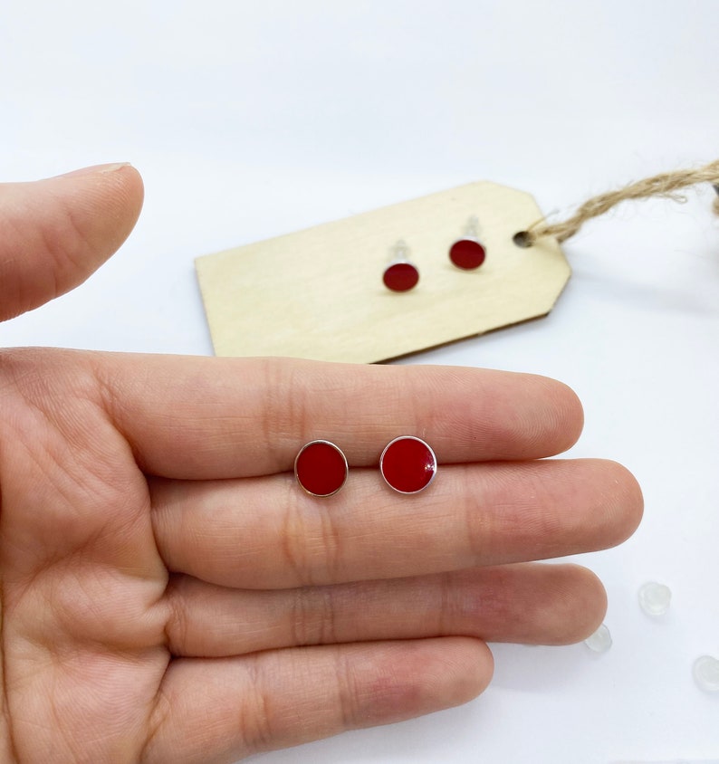 Cherry Red Stud Earrings Red Round Button Stud Earrings Delicate Retro Button Stud Earrings In Silver. Attract Red Stud Pierced Earrings