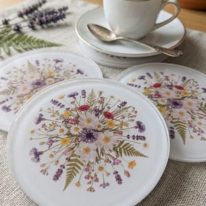 Wildflower Acrylic Coasters Set | UV Printed Floral Drink Coasters, Clear Botanical Table Decor