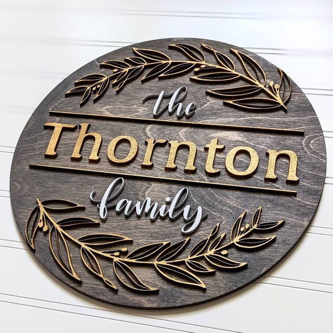 Wooden Family Name Sign Round Last Name Sign Custom Front Etsy