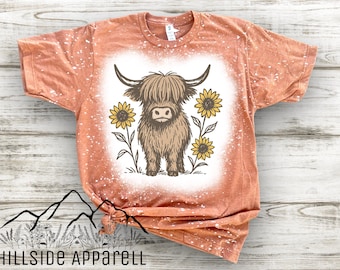 Highland Cow Sunflower Shirt, Western Boho Cow Tee, Cute Farm Animal Shirt, Rustic Country Graphic Tee, Cow Lover Gift, Bleached T-Shirt