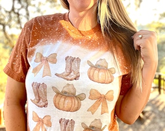 Fall Cowgirl Shirt, Western Pumpkin Tee, Cute Autumn Boots & Bows Graphic Tee, Country Girl Fall Outfit, Thanksgiving Western Shirt