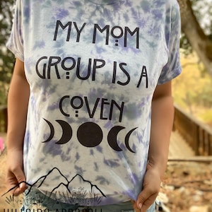 Mom Group Is A Coven T-Shirt | Witchy Shirt | Witchy Mama Tee | Halloween Shirt | Unisex | Tye Dye Shirt | Grey & Purple | Gift| Mothers Day