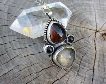 Stunning Silversmithed pendant with Pyrite Smokey Quartz and Black Onyx