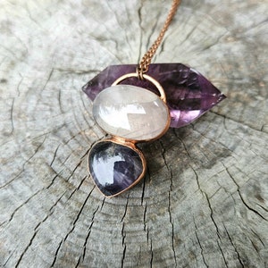 Electroformed Rose Quartz + Amethyst copper pendant necklace