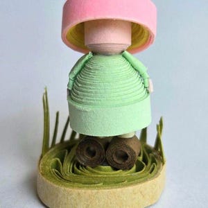 Tiny Green and Pink Handmade Quilled 3D Elf Figurine