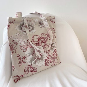Sac fourre-tout en lin, Sac fourre-tout esthétique, Sac fourre-tout en toile à fleurs, Sac fourre-tout à fleurs, Cabas du marché, Sac d'épicerie, Cabas en toile légère respectueux de l'environnement