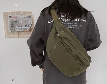 Vintage Style Sling Bag Canvas Woman Large Capacity Crossbody Bag Travel Man Shoulder Bag Casual Minimalist School Backpack Large Chest Bag