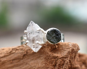 Solid 925 Sterling Silver Herkimer Diamond & Crystal Quartz Handmade Rings-S206 Solid 925 Sterling Silver Herkimer Diamond & Crystal Quartz Handmade Rings-S206