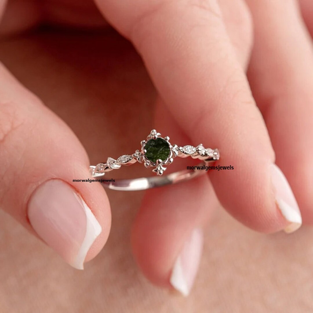 Raw Natural Moldavite Ring, Unique Moldavite Ring, Meteorite Ring, 925
