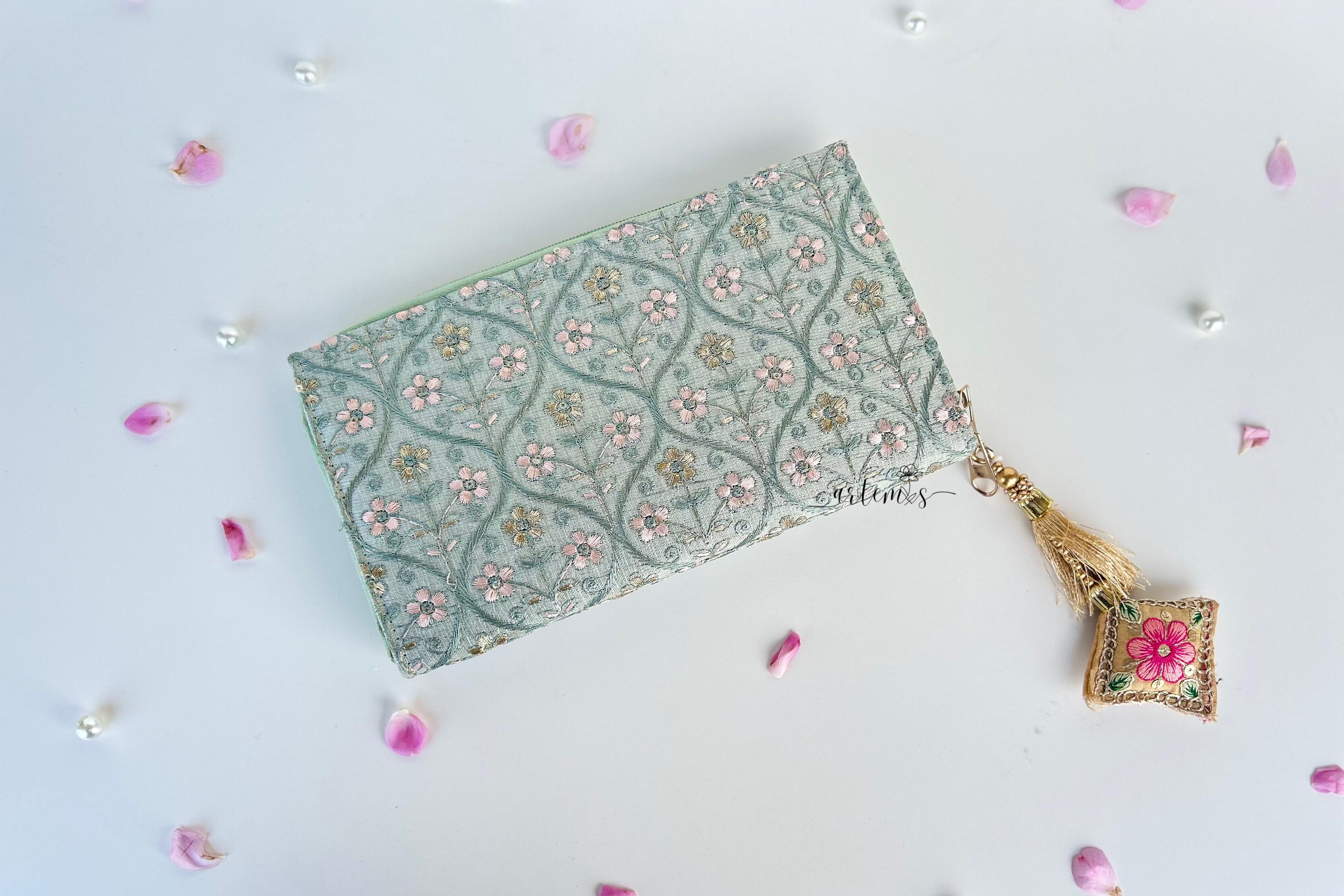 Mint Embroidered Wallet: Handmade Floral Tassel Purse