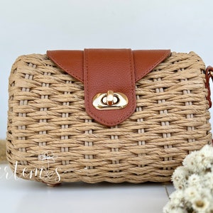 Bolsa transversal de palha trançada: Bolsa de praia boho com fecho giratório