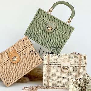 Chic Box Top Griff Strohtasche mit Metallkettenriemen Crossbody Boho Korb Sommer Must Have - 3 Farboptionen