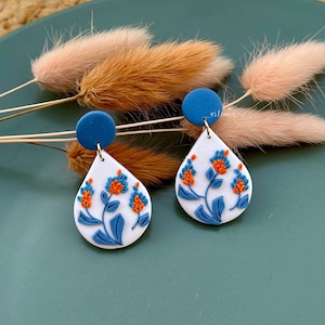 Handmade Polymer Clay Drop Earrings: Indigo Blue Floral Bloom