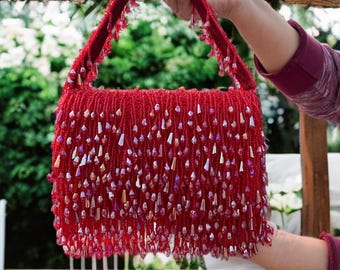Crystal Beaded Fringe Clutch: Red Black Gold Evening Handbag