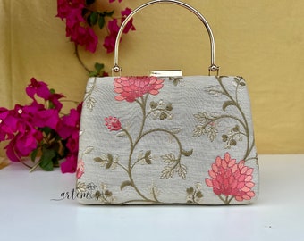 Bloom Bag Clutch , Ethnic Clutch bag with handle , Embroidered clutch , wedding clutch , Party Clutch , Box Bag