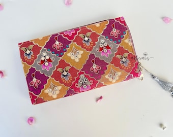 Handmade Floral Embroidered Wallet: Mirror Work Tassel Purse