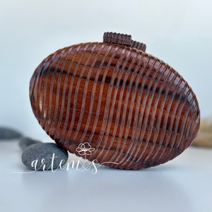 Handmade Wooden Clutch Bag – Brown Polished with Wavy Carving | Natural Wood Box Purse | Carved Wood Evening Bag | Boho Statement Clutch