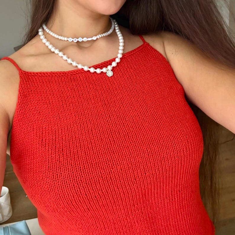Knitted Red Color Bella Tank Top On Model.
