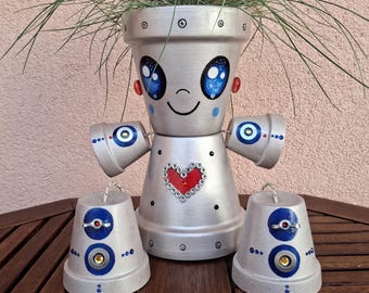 Figuur van kleipot, terracotta, pop, bloempotrobot, robot