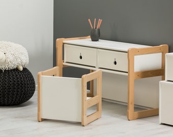 MONTESSORI MULTIFUNKTIONELLES MÖBEL-Set, Schreibtisch mit 2 Schubladen und einem Stuhl Baby-Registratur-Artikel Geschenk für Kinder