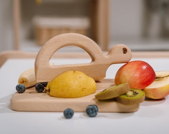 Wooden Turtle Knife Set: Montessori Kids Chopper with Beech Cutting Board