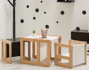Montessori based  Kids  Table and two chair Set, Multifunctional Furniture Baby registry item Gift for kids