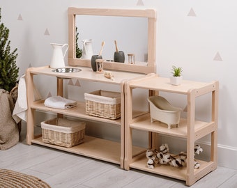 Child Montessori washbasin toddler Waschtisch kind Type B+ Plus, WITH mirror combined with a SMALL shelf  Gift for kids